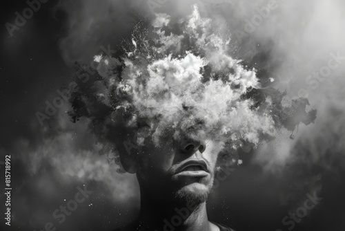 Man with a cloud of smoke coming out of his head. Confusion concept 