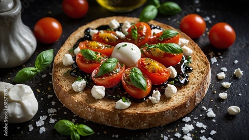 Slice of rustic bread topped with juicy sliced tomatoes, fresh basil leaves, creamy mozzarella cheese, drizzle of balsamic glaze, creating colorful, appetizing open-faced sandwich.
