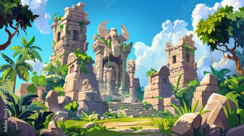 An ancient ruin of buildings and statues from a lost civilization. Cartoon modern illustration set of stone temples in jungles with green liana vines and grass. Destroyed abandoned monuments and