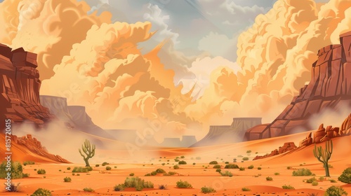 A cartoon modern illustration of a western desert landscape during a sandstorm, with rocky cliffs, green trees, dust and smog in the air, and a cloudy mud sky.
