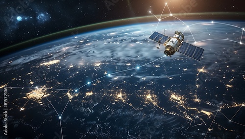 A satellite floating above Earth, connecting multiple nodes with lines to form an array of global network connections, symbolizing the vast reach and connectivity of space technology