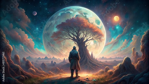 a man is looking at a tree with a world in the background.