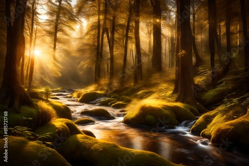 A serene, sun-dappled forest clearing with a gentle stream flowing through, illuminated by the golden hour's soft light. It feels like a moment frozen in time