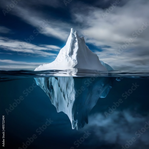 An iceberg emerges from the icy, deep blue waters, casting a reflection on the calm ocean surface, with open blue sky with white clouds