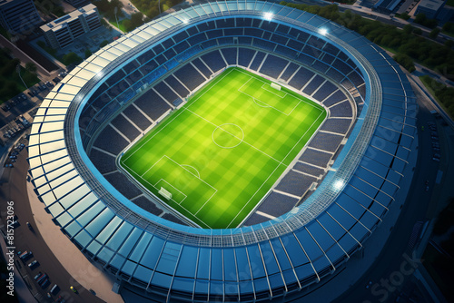 Aerial top view of a soccer football field stadium