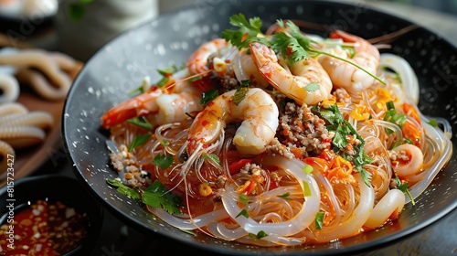 Spicy Glass Noodle Salad,mixed shrimp with minced pork and squid. AI Generative