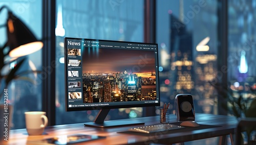 A sleek modern monitor displaying the "News" website with photos of news stories and city landscapes, placed on an elegant wooden desk in front of large windows overlooking urban buildings at night