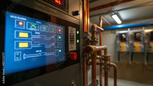 An energy-efficient basement featuring a geothermal heating and cooling system control panel, with visible pipelines and informative digital displays on energy usage and savings. 
