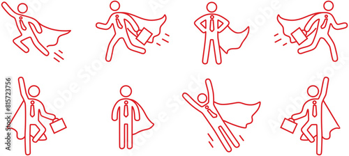 Superhero Business Pictogram Man line icon set in Red Color. Superhero businessman flying outline figure. Victory worker, employer pictogram person. Vector illustration