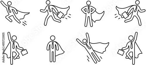 Superhero business pictogram man line icon set. Superhero businessman flying outline figure. Victory worker, employer pictogram person. Vector illustration