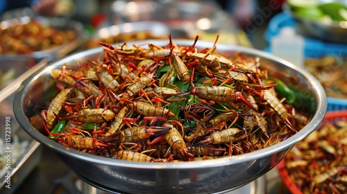 Strange food of Thai people, roasted insects. AI Generative