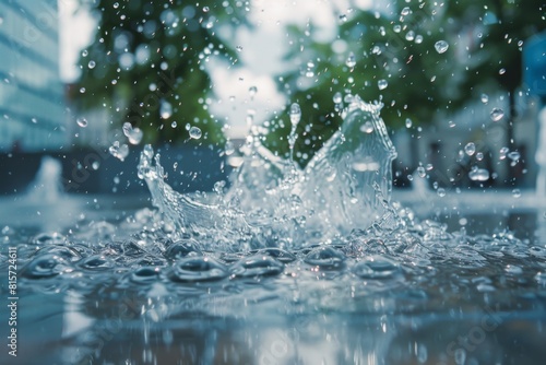 Dynamic close-up image of a water splash impacting the surface, creating droplets. Perfect for concepts of nature, freshness, and environmental themes.