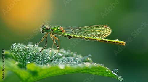 Experience the delicate beauty of a translucent damselfly as it alights upon a dew-covered leaf, its wings shimmering with iridescent hues.