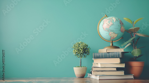 School room wall with flower plant, books, pencils, for copy space, back to school, Generative AI