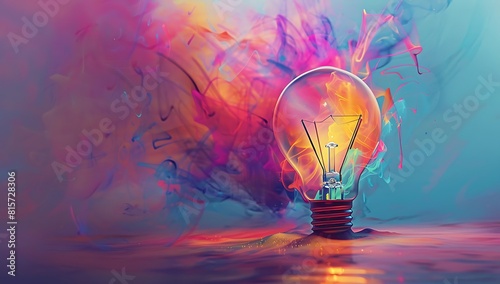 A vibrant lightbulb with colorful flames, symbolizing the creative energy of innovation and inspiration, isolated on a pastel background