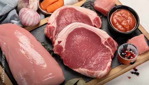 Fleisch, rohes Schweinefleisch, Schnitzel und Steak 