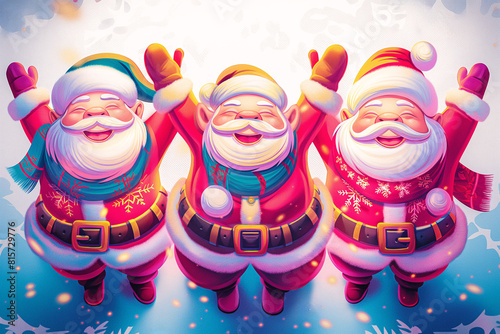 Three joyful santa clauses celebrating christmas