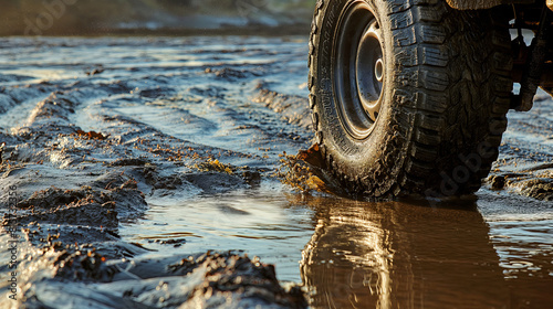 Close-up view of an offroad car wheel standing in liquid mud