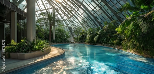An office building's winter garden pool, encased in a glass dome to allow year-round use, with tropical plants and a climate-controlled environment making it a warm escape during colder months. 