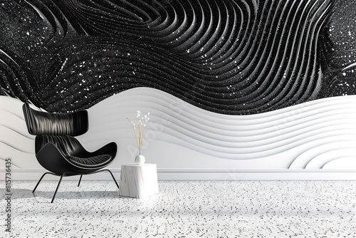 A room featuring a striking black and white wavy wall mural. The mural spans the entire wall, creating a visually dynamic and modern aesthetic