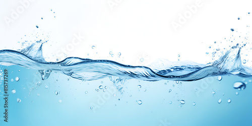 clean blue water surface with splash air bubbles underwater on white background 