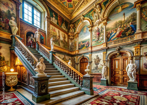 A regal staircase lined with statues and tapestries, epitomizing the grandeur and sophistication of bygone eras.