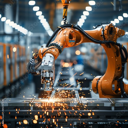 An industrial robot in action within a factory setting, its mechanical arms precisely assembling components, highlighting themes of manufacturing efficiency.