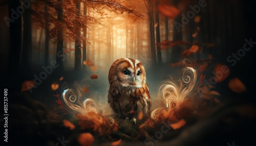 Image of a Tawny owl in an autumn