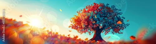 A beautiful and colorful tree with a blue sky and orange sun in the background.