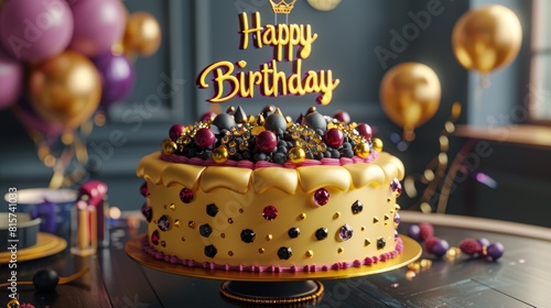 Yellow Birthday cake featuring a gold rhinestone cake topper that reads "Happy Birthday " diamonds, garnet, stones, crown with gold bling, with yellow, gold, purple, balloons in the background