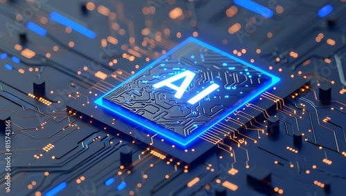 A chip with the letters "AI" engraved on it, surrounded in the style of blue circuit lines and light effects