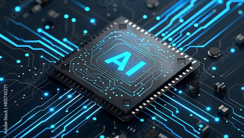 A chip with the letters "AI" engraved on it, surrounded in the style of blue circuit lines and light effects