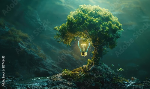 Light bulb over a head transforming into a tree with branches of various creative symbols, growth of ideas, side view