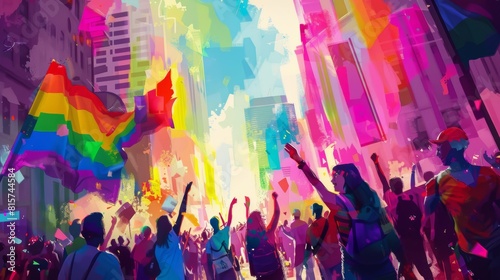 A joyful Pride parade with LGBTQ+ individuals from diverse backgrounds including ethnic minorities and disabled participants, celebrating in a bustling city, digital painting, vibrant colors,