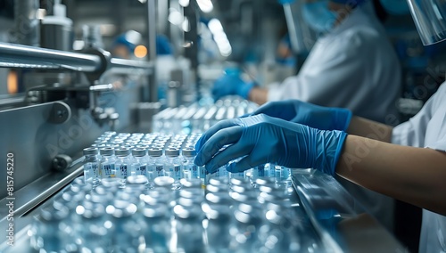A closeup shot of hands in blue gloves inspecting vials on the production line, inside an advanced medical facility