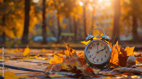 Alarm clock with autumn leaves on wooden table outdoor