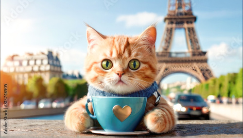 A cute cat is traveling at the Eiffel Tower in Paris, sipping on a cup of coffee. european trip pet