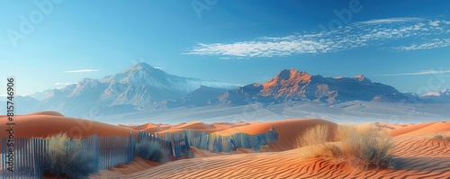 Panoramic view of a desert wilderness with sand dunes and distant mountains, stark beauty, midmorning