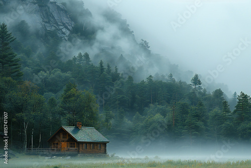 Isolated Cabin in the Mountains with Fog
