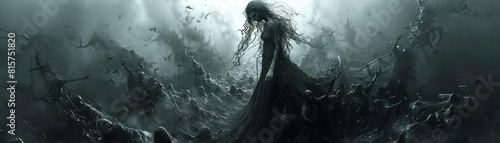 A haunting portrayal of Hel, the goddess of the underworld, in her dark and misty realm, surrounded by lost souls