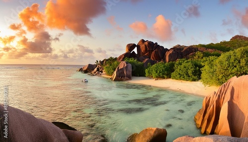 sunset panorama at anse source d argent beach la digue seychelles