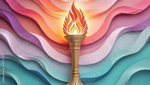 glowing olympic torch against a gradient of victory colors in paper cut style