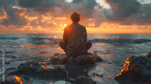 A businessman is sitting on a sea stone.