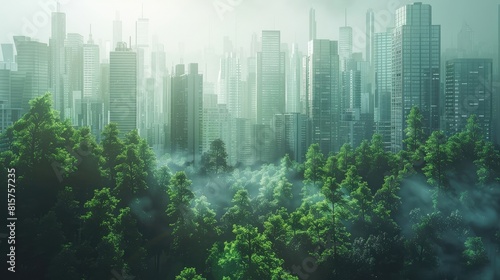 green forest slowly transitioning into an urban cityscape, symbolizing change from nature to civilization realistic