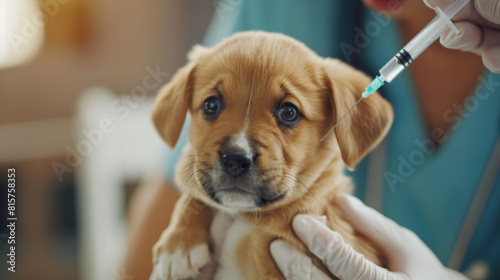 A puppy is being injected with a syringe by a veterinarian in a clinical setting. Veterinary clinic.