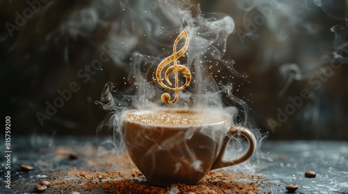 Steaming cup with treble clef steam design. Coffee and music.