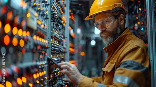 In an electrical switchboard with fuses, an electrician uses a tablet.