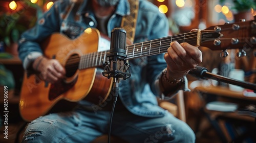 Acoustic guitar player playing in recording studio behind microphone.
