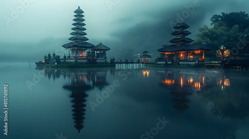 A photo of the Pura Ulun Danu Bratan temple, with the serene lake as the background, during a foggy dawn