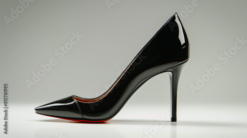 A black patent leather stiletto heel pump with a pointed toe.